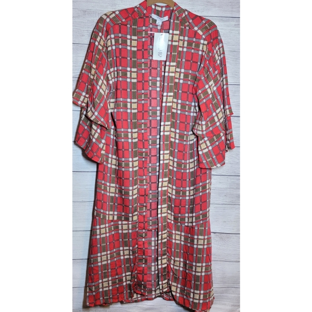 Favlux Womens Duster Coverup Red Plaid Size S Kimono Ruffle Bell Sleeves Y2K NWT